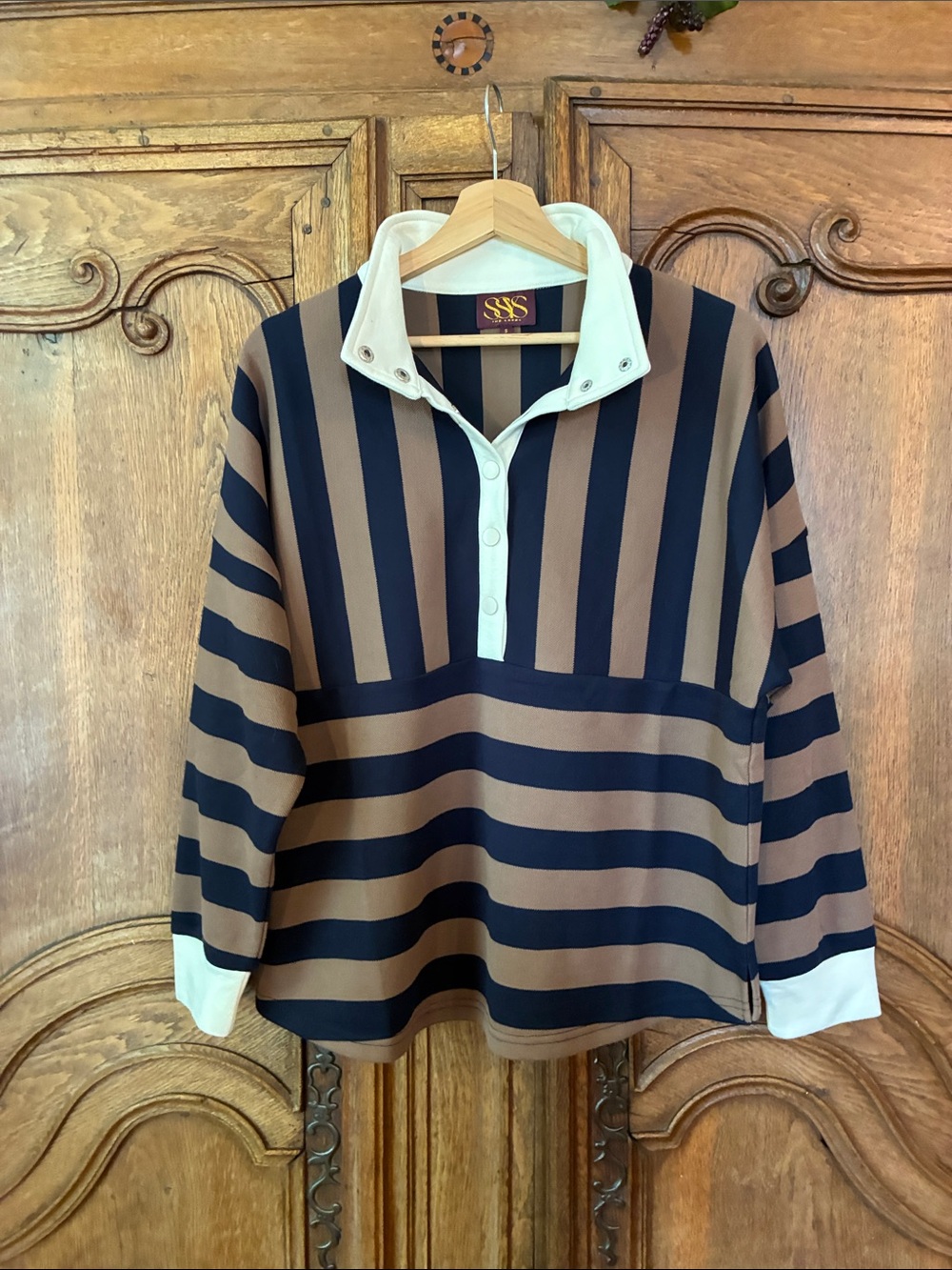 SSYS Landon Color Block Stripe Rugby Top in Mocha Navy - Picture 2 of 8